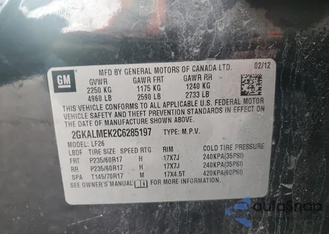 2012 GMC Terrain Sle z USA, uszkodzony, nr VIN 2GKALMEK2C6285197